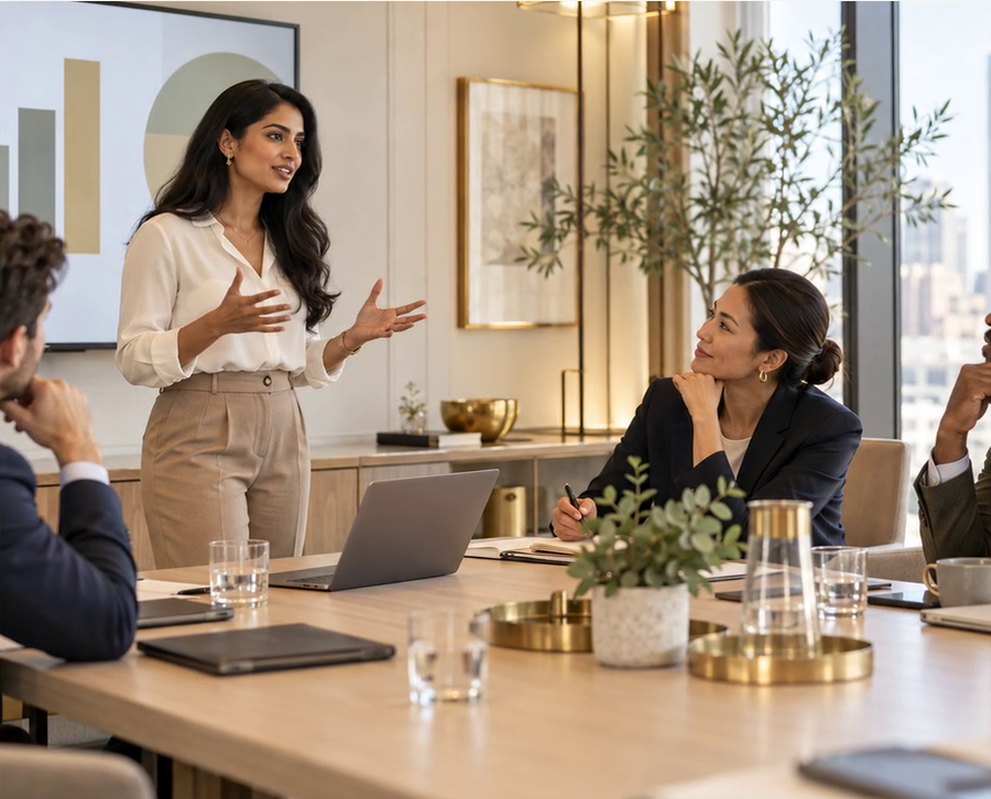 Founder presenting to investors in a modern boardroom