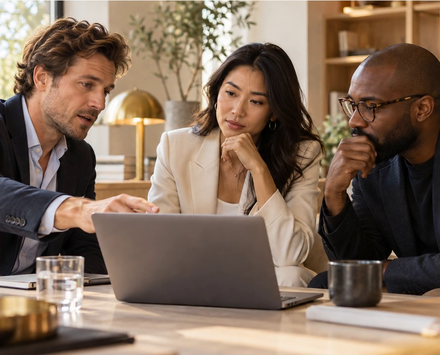 Three investors reviewing a business plan together
