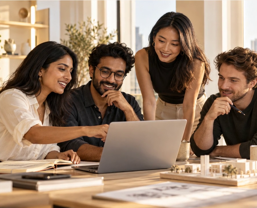 Diverse startup team collaborating around a laptop